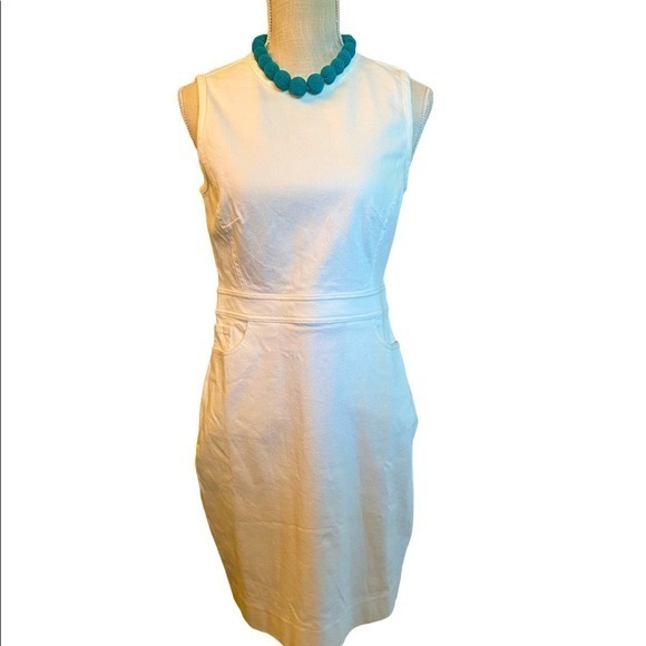J. Crew cream cotton blend sleeveless‎ sheath fitted dress size 4 ribbed print - Picture 1 of 12